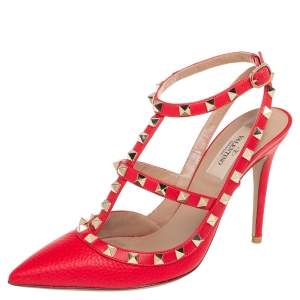 Pre Owned Valentino Red Leather Rockstud Pumps Size 38