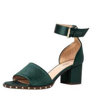 Pre Owned Valentino Green Satin Studded Block Heel Ankle Strap Sandals Size 38.5