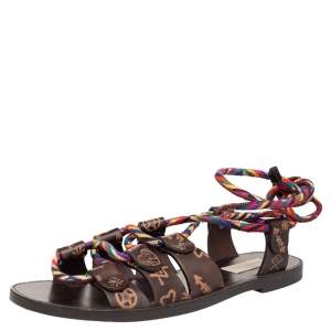 Valentino Brown Leather And Multicolor Rope Flat Ankle Wrap Sandals Size 38