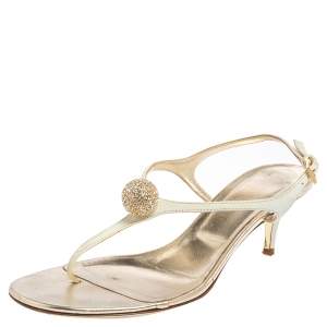 Pre Owned Valentino White Leather Ball Crystal Embellished T-Strap Sandals Size 36