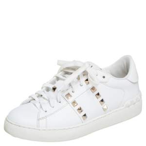 Pre Owned Valentino White Leather Rockstud Low Top Sneakers Size 35.5