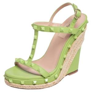 Valentino Olive Green Leather Rockstud Wedge Sandals Size 37.5