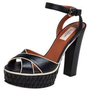 Valentino Black Leather Woven Platform Crisscross Sandals Size 37.5