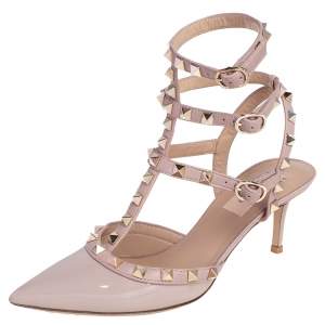 Pre Owned Valentino Beige Patent Leather Rockstud Caged Pointed Toe Pumps Size 37.5