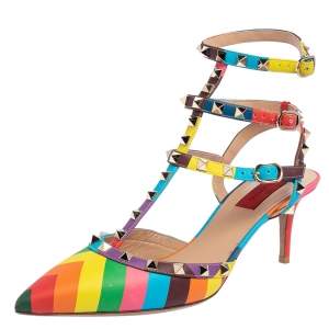 Pre Owned Valentino Multicolor Leather Rockstud 1973 Ankle Strap Sandals Size 40.5