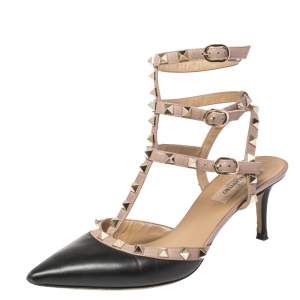 مملوكة مسبقًا Valentino Black/Beige Leather Rockstud Ankle Strap Sandals Size 38