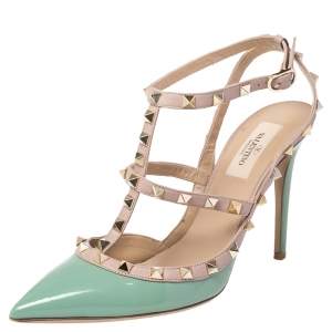 Pre Owned Valentino Green/Beige Leather Rockstud Pointed Toe Ankle Strap Sandals Size 39