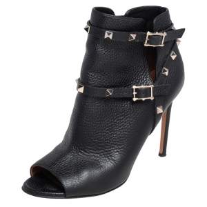 Pre Owned Valentino Black Leather Rockstud Open Toe Ankle Boots Size 39