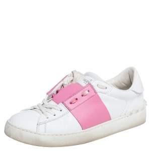 Pre Owned Valentino White/Pink Leather Rockstud Color Block Low Top Sneakers Size 39