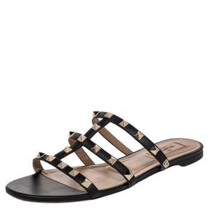 Pre Owned Valentino Black Leather Rockstud Open Toe Flat Slides Size 38 