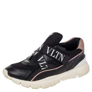 Pre Owned Valentino Black Mesh And Leather VLTN Heroes Velcro Strap Sneakers Size 39