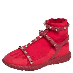 Valentino Red Knit Fabric and Leather Rockstud Bodytech High Top Sneakers Size 36