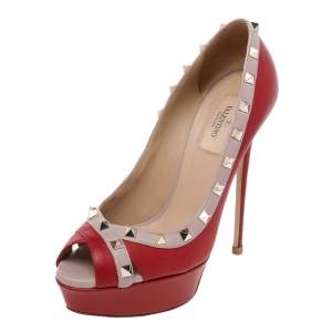 Pre Owned Valentino Red/Beige Leather Rockstud Crisscross Peep Toe Platform Pumps Size 38