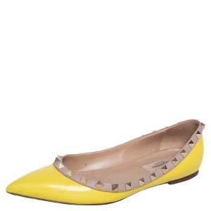 Valentino Beige/Yellow Patent Leather Rockstud Ballet Flats Size 36