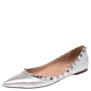 Valentino Silver Leather Rockstud Ballet Flats Size 36.5