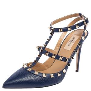 Pre Owned Valentino Blue Leather Rockstud Ankle Strap Sandals Size 40