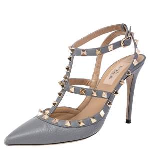 Pre Owned Valentino Stone Blue Leather Rockstud Pointed Toe Sandals Size 38