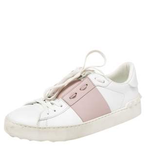 Valentino White and Blush Pink Band Leather Open Low Top Sneakers Size 38