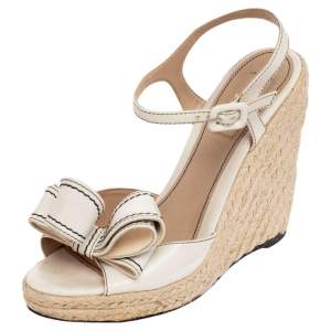 Valentino White Leather Bow Espadrille Wedge Sandals Size 38