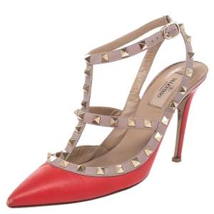 Valentino Pink/Beige Leather Rockstud Ankle Strap Sandals Size 39