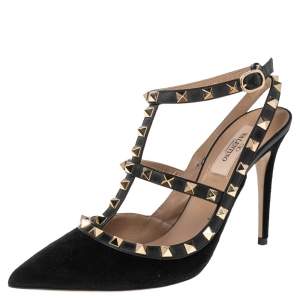 Pre Owned Valentino Black Suede And Leather Rockstud  Ankle Strap Sandals Size 38.5