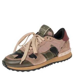 Valentino Multicolor Camo Leather and Suede Rockrunner Sneakers Size 36.5
