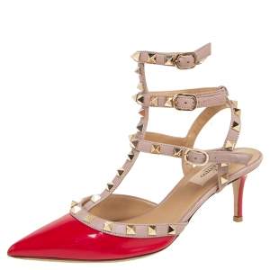 Pre Owned Valentino Pink/Red Patent Leather Rockstud Ankle Strap Sandals Size 38