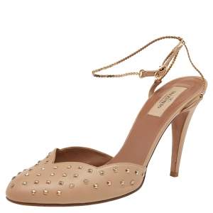 Valentino Beige Leather Studded Chain Ankle Strap Pumps Size 41