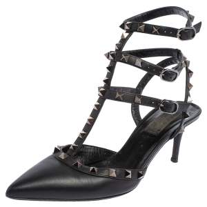   Valentino Black Leather Rockstud Pointed Toe Ankle Strap Sandals Size 39.5