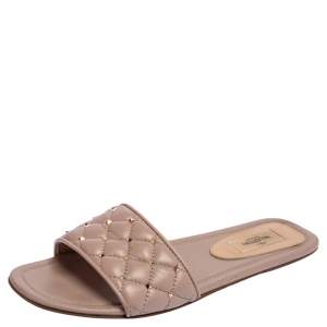 Valentino Blush Pink  Leather Rockstud Spike Slide Flats Size 37.5