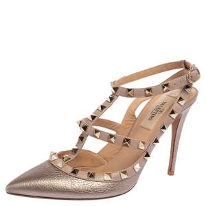 Pre Owned Valentino Metallic Gold Leather Rockstud Pointed Toe Sandals Size 37.5