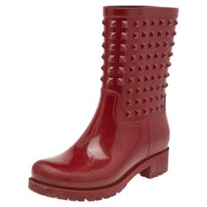 Pre Owned Valentino Red Rubber Rockstud Rain Boots Size 38