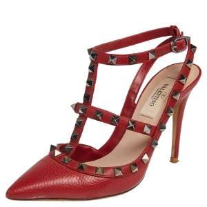  Valentino Red Leather Rockstud Pointed Toe Sandals Size 36
