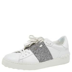 Valentino White Leather And Glitter Rockstud Sneakers Size 41