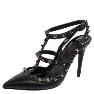 Valentino Black Leather Rockstud Ankle Strap Pointed Toe Sandals Size 35