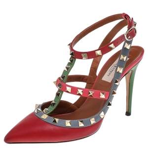 Valentino Multicolor Leather Rockstud Pointed Toe Ankle Strap Sandals Size 37