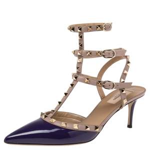 Valentino Blue/Beige Patent And Leather Rockstud Ankle Strap Sandals Size 41