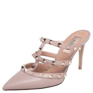 مملوكة مسبقًا Valentino Beige Leather Rockstud Pointed Toe Mules Size 35.5