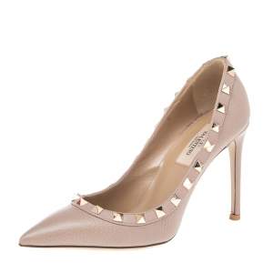 Pre Owned Valentino Beige Grained Leather Rockstud Pumps Size 35.5
