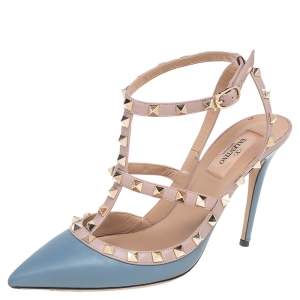 Valentino Blue/Pink Leather Rockstud Pointed Toe Sandals Size 39