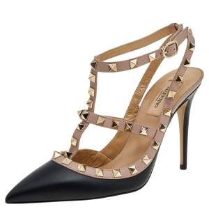 Valentino Black/Pink Leather Rockstud Ankle Strap Sandals Size 38.5