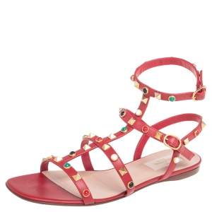 Valentino Red Leather Rolling Rockstud Flat Sandals Size 38