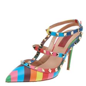 Valentino Multicolor Striped Leather Rockstud Pointed Toe Ankle Strap Sandals Size 38.5