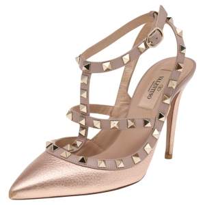 Valentino Metallic Rose Gold/Pink Leather Rockstud Ankle Strap Sandals Size 37