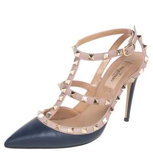 Valentino Blue/Beige Leather Rockstud Pointed Toe Sandals Size 37