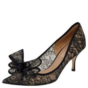 Valentino Black Floral Lace Couture Bow Pointed Toe Pumps Size 38