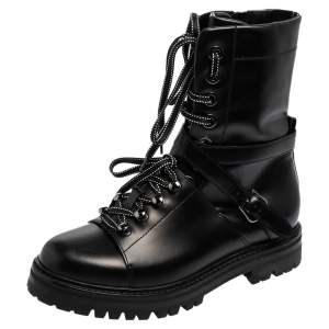 Pre Owned Valentino Black Glossy Leather Combat Boots Size 38.5