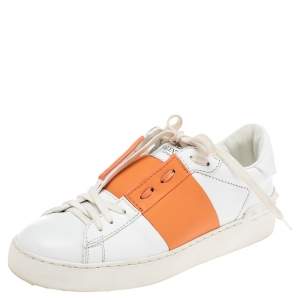 Pre Owned Valentino White/Orange Leather Rockstud Low-Top Sneakers Size 36