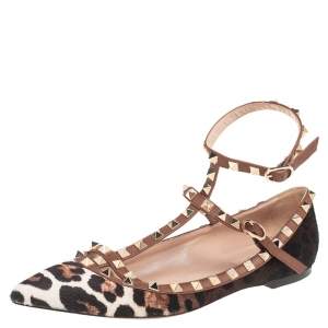 Pre Owned Valentino Brown Leopard Print Calf Hair Rockstud Ankle-Strap Flats Size 39.5