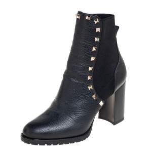 Pre Owned Valentino Black Leather Rockstud Ankle Boots Size 39